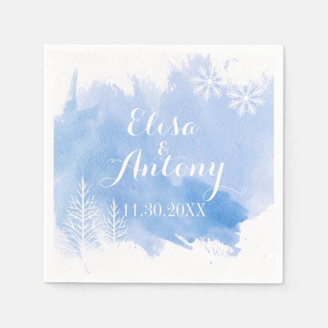 Modern watercolor splash blue winter wedding napkin (Front)