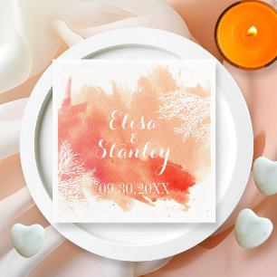 Modern watercolor splash coral reef peach wedding napkin