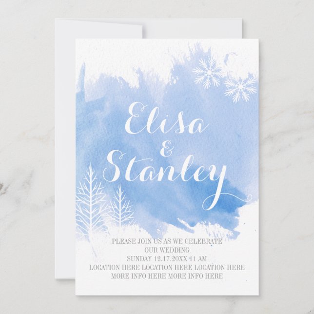 Modern watercolor splash light blue winter wedding invitation (Front)