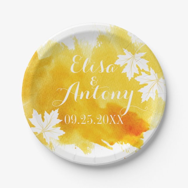 Modern watercolor splash yellow wedding paper plate (Front)
