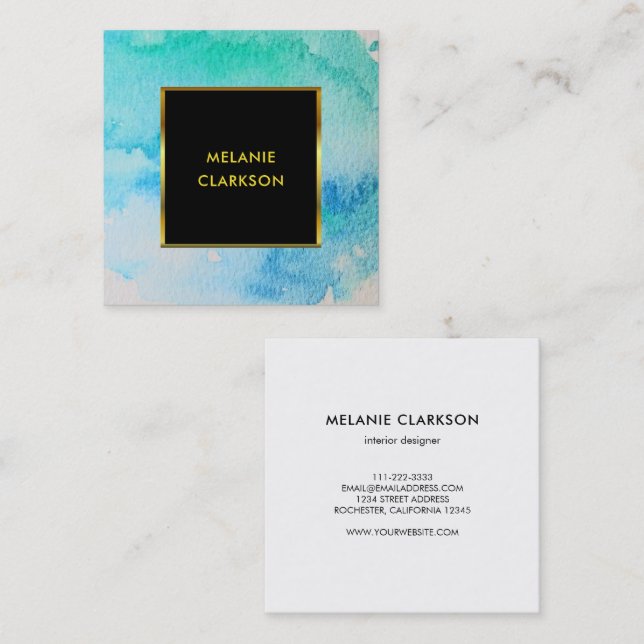 Modern watercolor splatter black gold professional square business card (Front/Back)