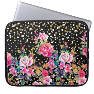 Modern watercolor spring floral and gold dots laptop sleeve