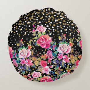 Modern watercolor spring floral and gold dots round cushion