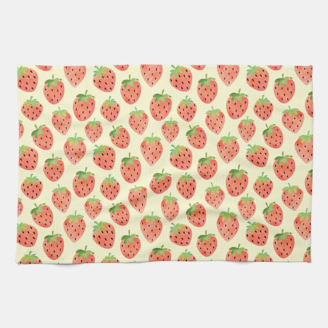 Modern Watercolor Strawberries Pattern Tea Towel (Horizontal)