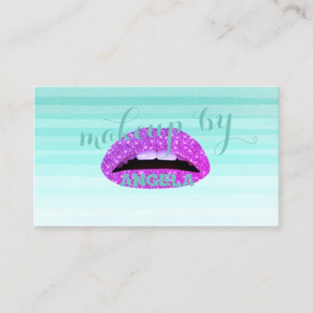 Modern Watercolor Stripes,Lips -Makeup artist Business Card (Front)