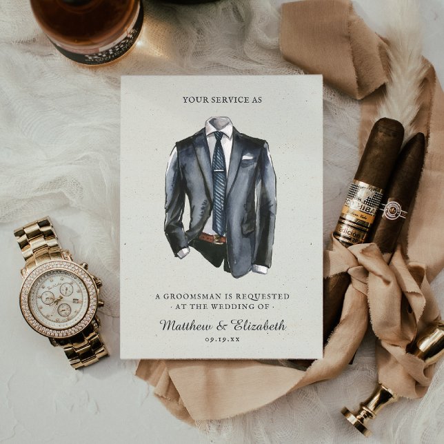 Modern Watercolor Suit Groomsman Proposal Request Card (Creator Uploaded)