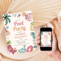 Modern Watercolor Summer Pool Party Sweet Sixteen