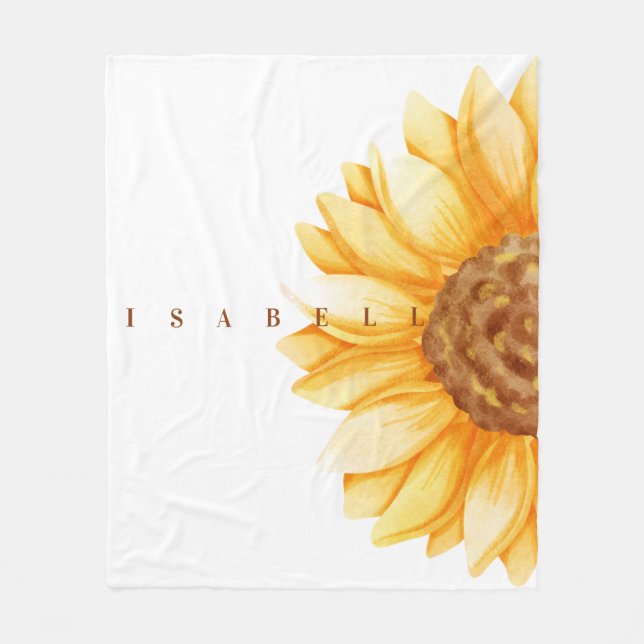 Modern Watercolor Sunflower Personalised Name  Fleece Blanket (Front)