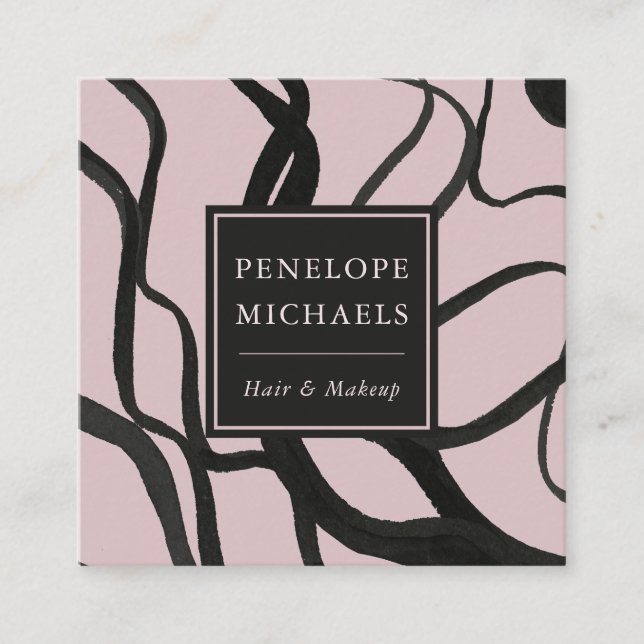 Modern Watercolor Swirls Mauve and Black Square Business Card (Front)