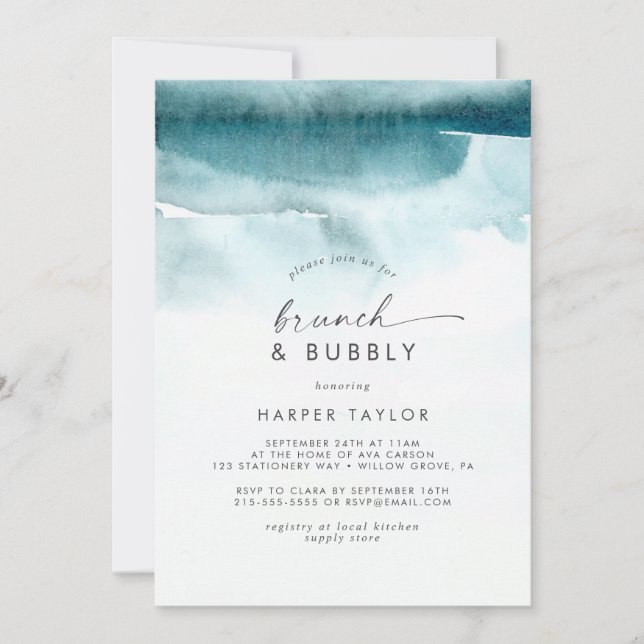 Modern Watercolor | Teal Brunch & Bubbly Bridal Invitation (Front)