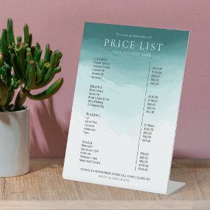 Modern Watercolor Teal Business Salon Price List Pedestal Sign
