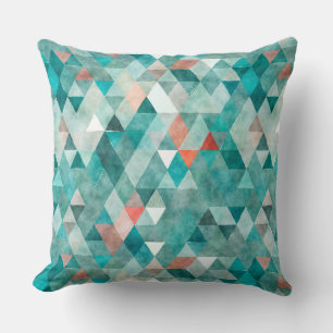 Modern Watercolor Teal Coral Triangle Pattern Cushion