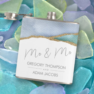 Modern Watercolor Teal Dusty Blue Mr Mr Wedding Hip Flask