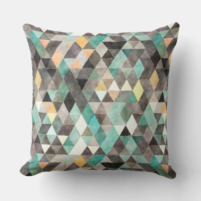 Modern Watercolor Teal Grey Gold Triangle Pattern Cushion (Front)