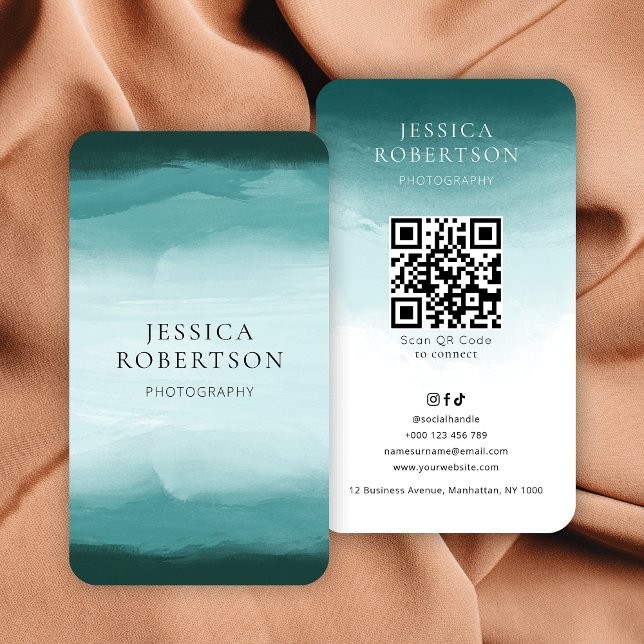 Modern Watercolor Teal Social Media QR Code Business Card (Scannable QR code business cards with turquoise watercolor background)