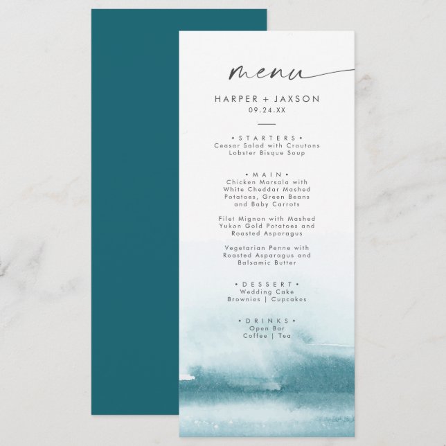Modern Watercolor | Teal Wedding Dinner Menu (Front/Back)