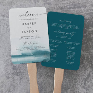 Modern Watercolor Teal Wedding Program Hand Fan