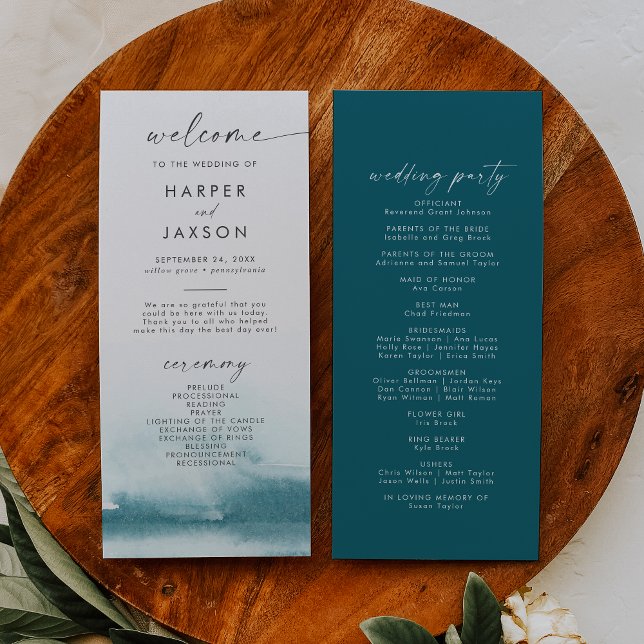 Modern Watercolor | Teal Wedding Program Programme (Creator Uploaded)