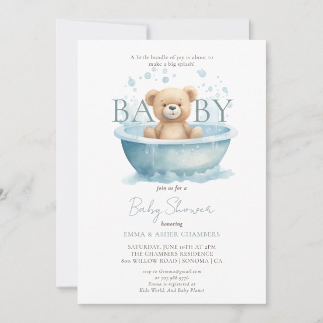Modern Watercolor Teddy Bear Blue Baby Shower Invitation (Front)
