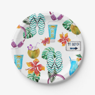Modern Watercolor Tropical Beach Pattern Paper Plate