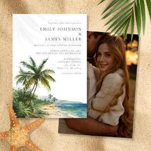 Modern Watercolor Tropical Beach Photo Wedding Invitation