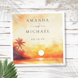 Modern Watercolor Tropical Beach Sunset Wedding Napkin