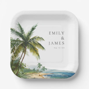 Modern Watercolor Tropical Beach Wedding Paper Plate