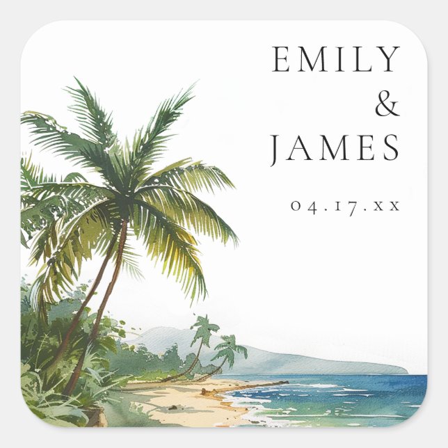 Modern Watercolor Tropical Beach Wedding Square Sticker (Front)