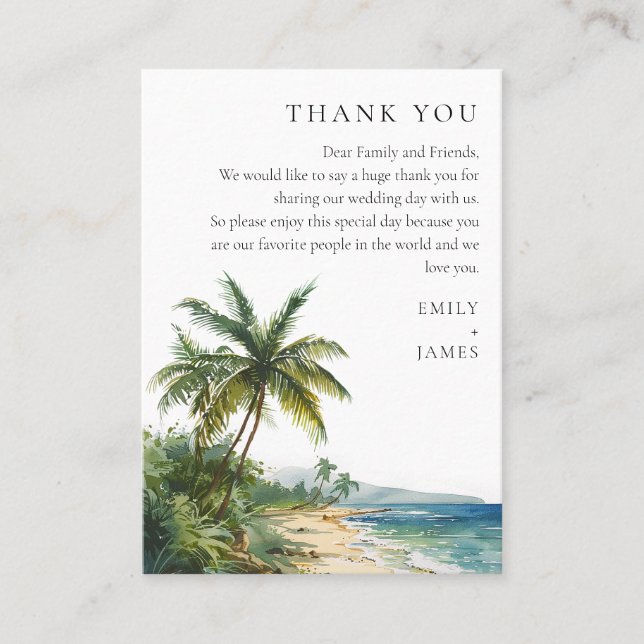 Modern Watercolor Tropical Beach Wedding Thank You Place Card (Front)