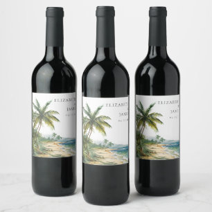 Modern Watercolor Tropical Beach Wedding Wine Label