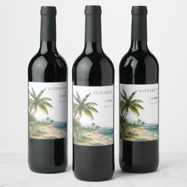 Modern Watercolor Tropical Beach Wedding Wine Label (Bottles)