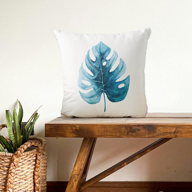 Modern Watercolor Tropical Blue Monstera Leaf Cushion (Creator Uploaded)