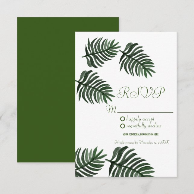 Modern Watercolor Tropical Botany Palm Leaves RSVP Invitation (Front/Back)