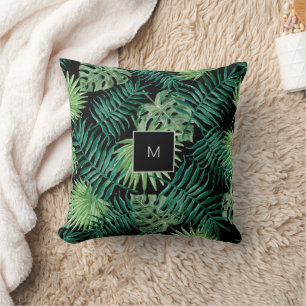 Modern watercolor tropical leaves family monogram cushion