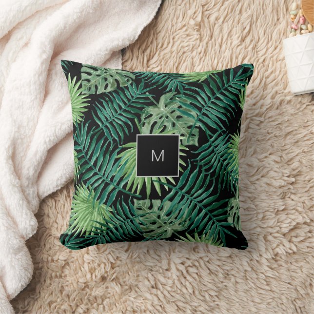 Modern watercolor tropical leaves family monogram cushion (Blanket)