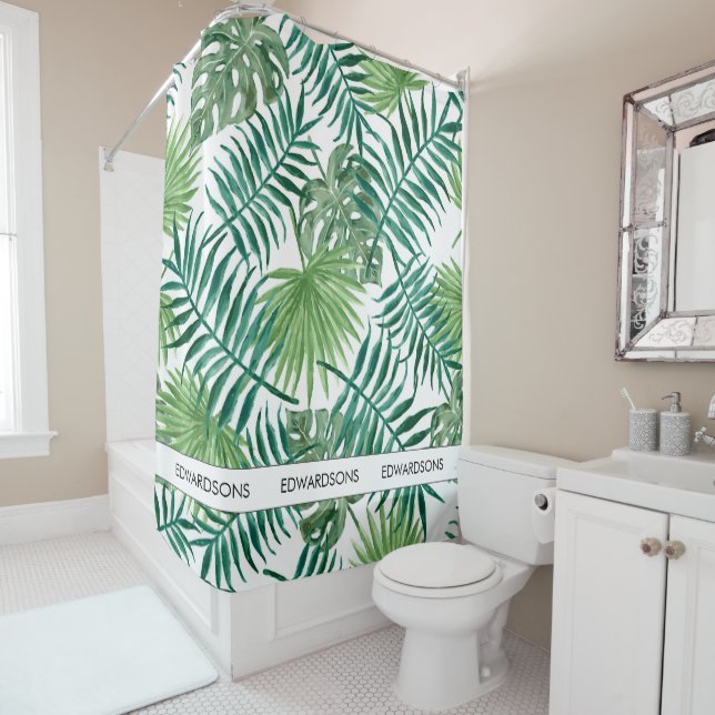 Modern watercolor tropical leaves family name shower curtain (In Situ)