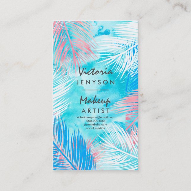 Modern watercolor tropical palm tree Makeup artist Business Card (Front)