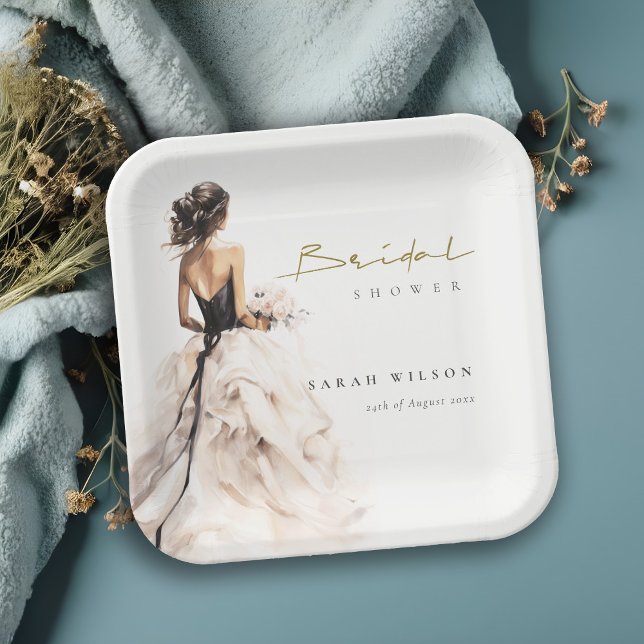 Modern Watercolor Wedding Gown Bridal Shower Paper Plate (Creator Uploaded)