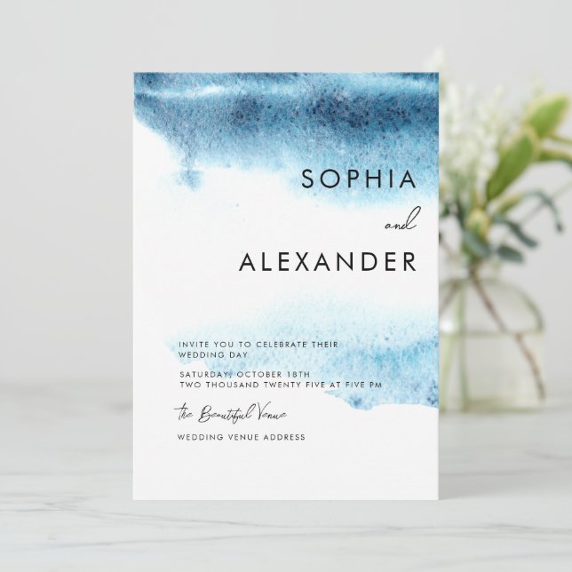 Modern Watercolor Wedding Invitations.  Invitation (Standing Front)