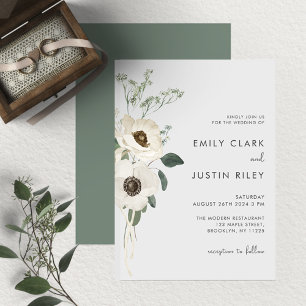Modern Watercolor White Flowers Wedding Invitation