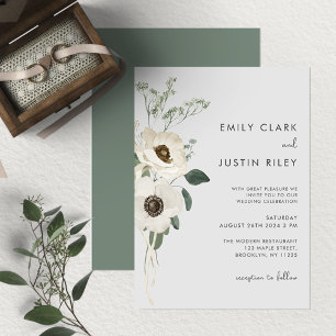 Modern Watercolor White Flowers Wedding Invitation