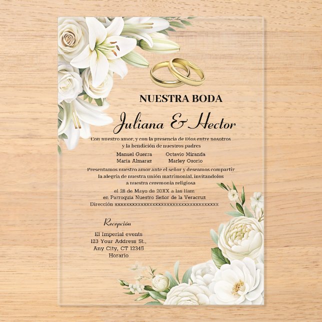 Modern Watercolor White Gold Floral Wedding  Acrylic Invitations (Front)