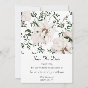 Modern Watercolor White Roses Save the Date Card
