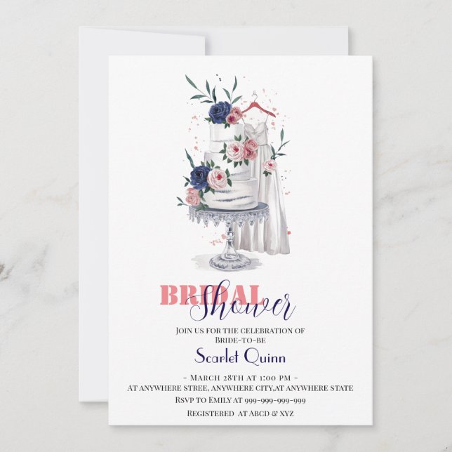 Modern watercolor white wedding gown with cake invitation (Front)
