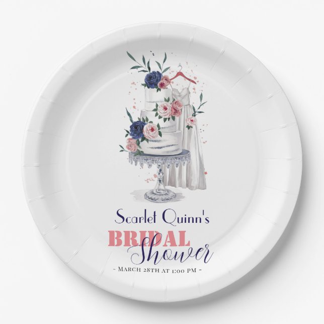 Modern watercolor white wedding gown with cake paper plate (Front)