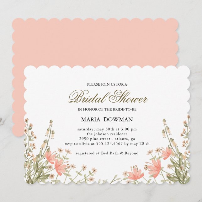 Modern Watercolor wild flower Floral Bridal Shower Invitation (Front/Back)