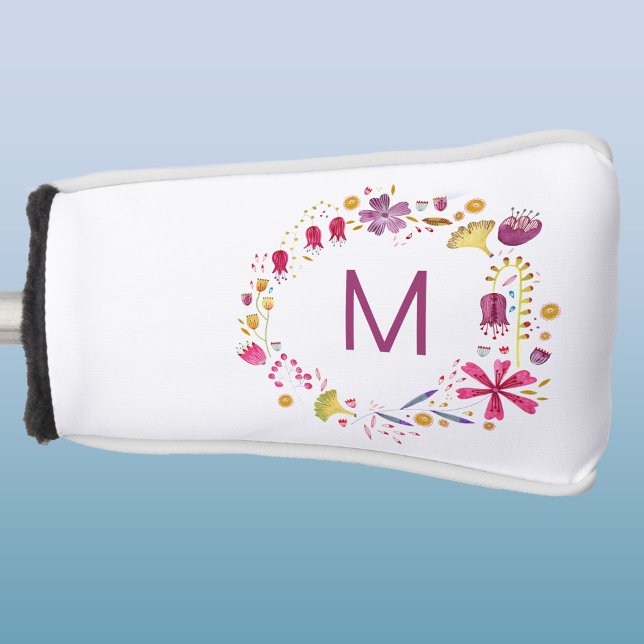 Modern Watercolor Wild Flower Monogram Golf Head Cover (Modern monogram initial personalized watercolor wildflower floral golf putter head cover)