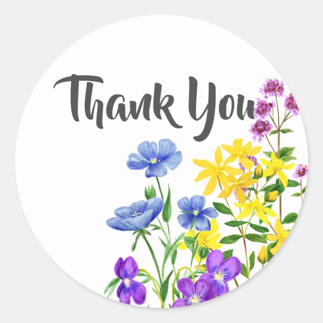 Modern Watercolor Wild Flowers Thank You Classic Round Sticker (Front)