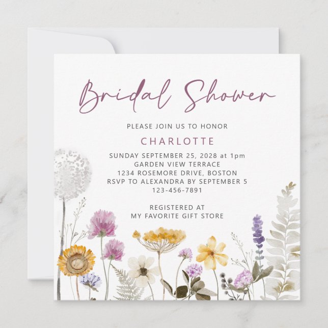 Modern Watercolor Wildflower Bridal Shower Invitation (Front)