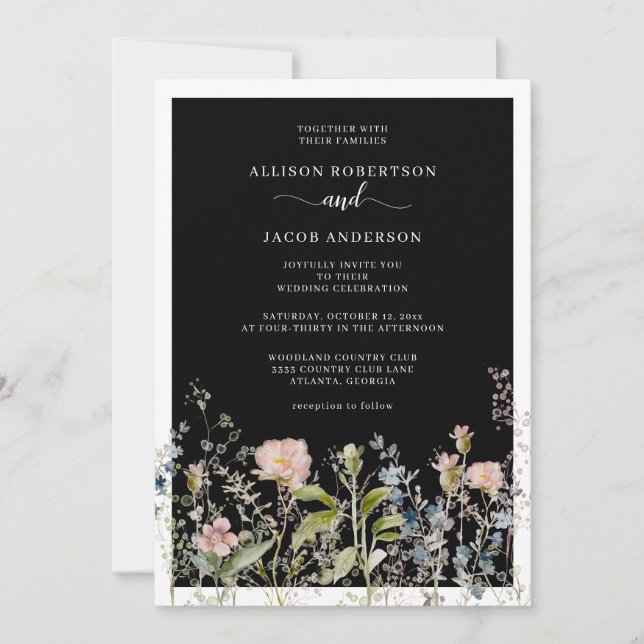 Modern Watercolor Wildflower Floral Black Wedding Invitation (Front)